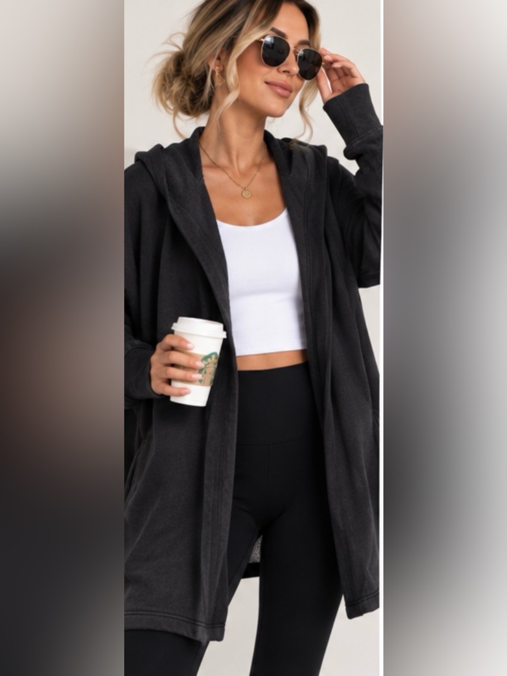 Mono B Women’s Black Hooded Open Front Long Cardigan Jacket Size Small